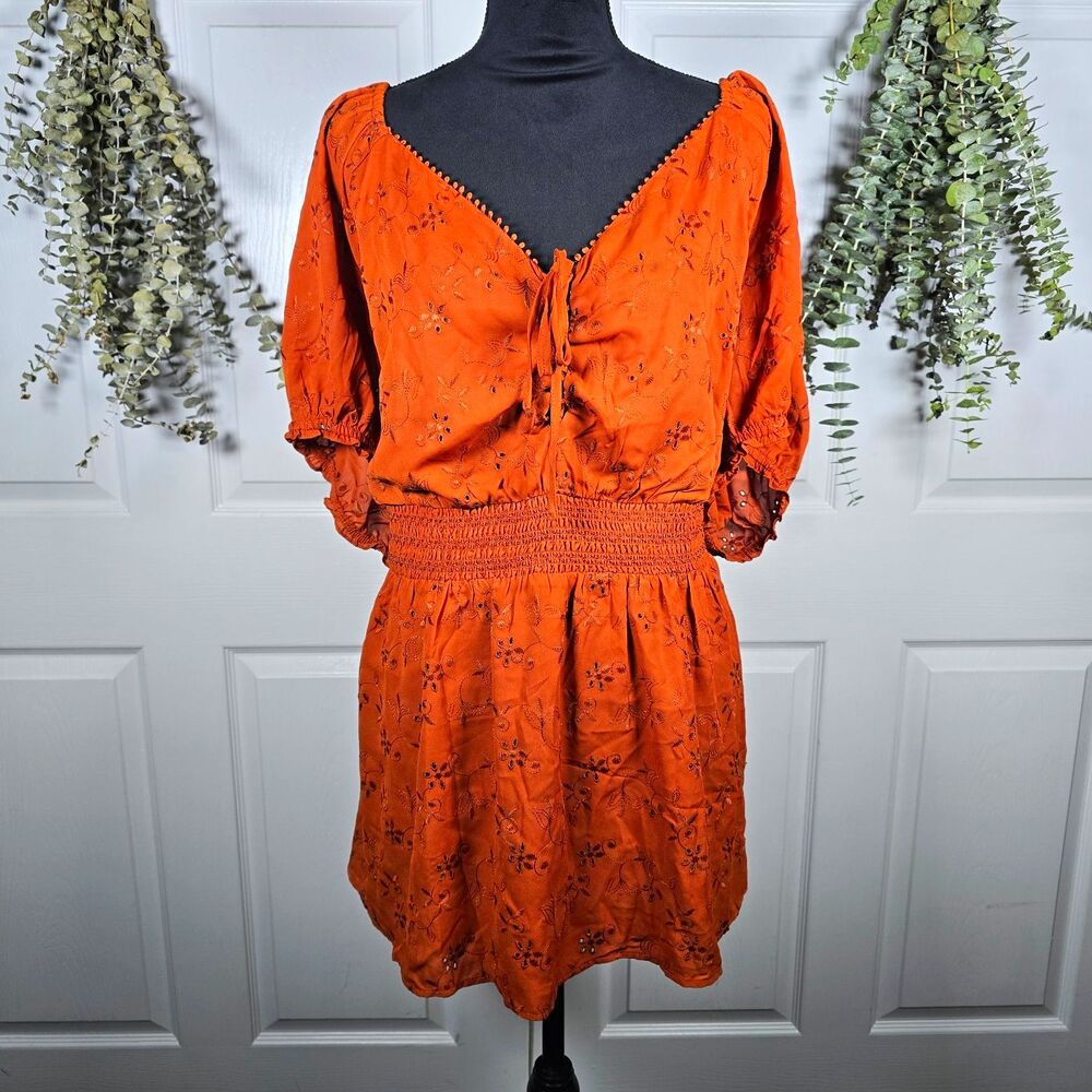 Torrid Rust Floral Eyelet Smocked Waist V-Neck Short Puff Sleeve Blouse Plus 6